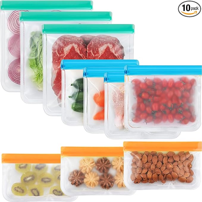 10 Pack Reusable Snack Bags, Extra Thick BPA Free, Dishwasher & Freezer Safe Food Storage Bags for Lunch, Snacks & Home Organization (Multicolor, 10 Pack-3 Gallon 4 Sandwich 3 Snack)