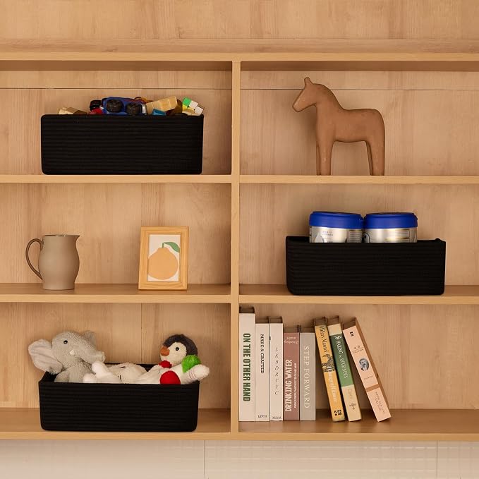 MiniArk Large Shallow Organizing Baskets 15x11x5.1 Inches - Rope Woven Storage Bins for Bathroom, Shelves, Cube Closet, Black 4 Packs