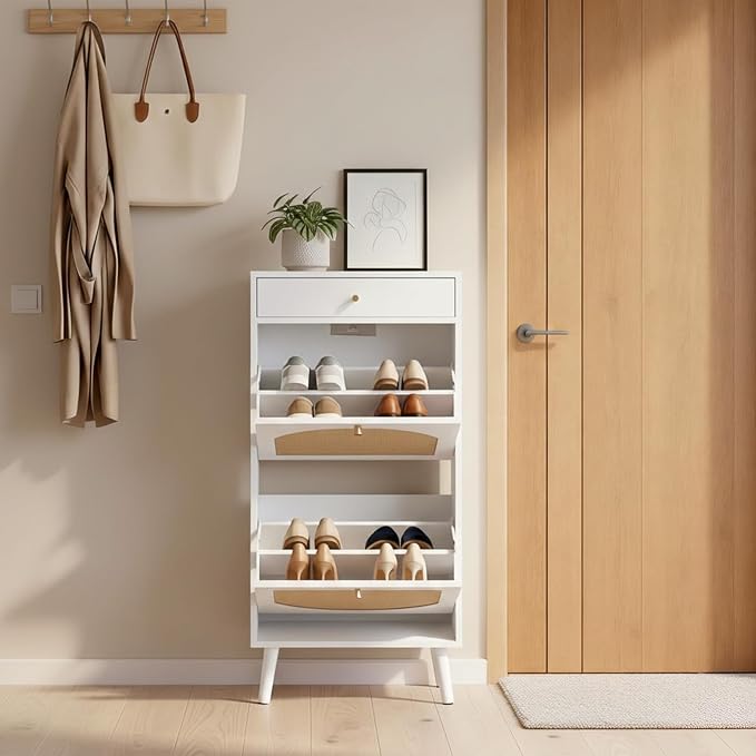 Karl home White Rattan Shoe Cabinet, 1-Drawer 2-Tilt-Out Entryway Organizer | Hidden Shoe Rack Storage with Rattan Panel for Heels, Slippers and Casual Shoes, Space Saving Entryway Storage Furniture