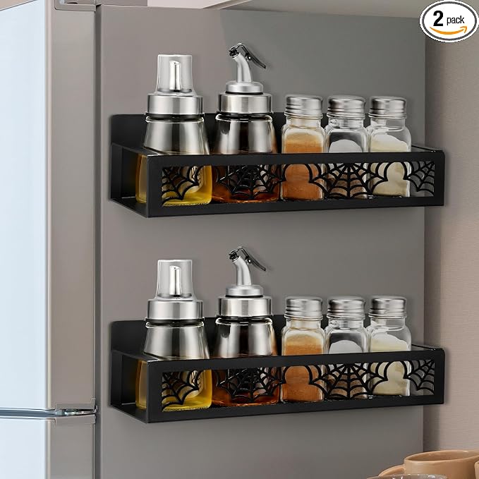Beeveer 2 Pack Spider Web Magnetic Spice Rack for Refrigerator Metal Magnet Basket Shelf for Fridge Seasoning Storage Organizers Home Decor Kitchen Accessories (Black)