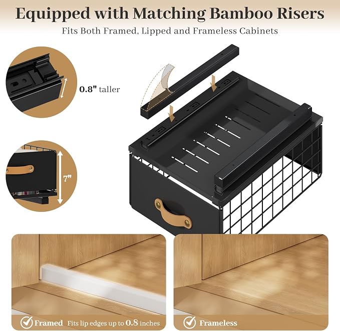 Pull Out Cabinet Organizer, No-Drill Pantry Drawers, Slide Out Shelves with Bamboo Risers for Lipped Cabinets,Ideal for Kitchen, Bathroom & Under Sink Storage (Black, 9.8" Wide-15.7" Deep)