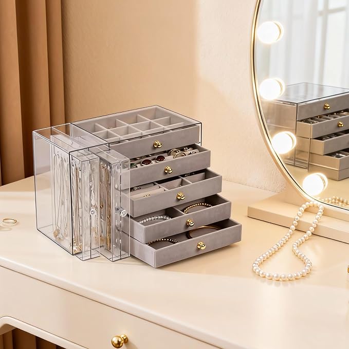Greenfeather Jewelry Organizer and Storage with 7 Removable Drawers, Clear Acrylic Jewelry Box with 16 Necklace Hooks 48 Pairs of Earring Holes 5 Velvet-Lined Drawers for Rings Bracelets Necklaces