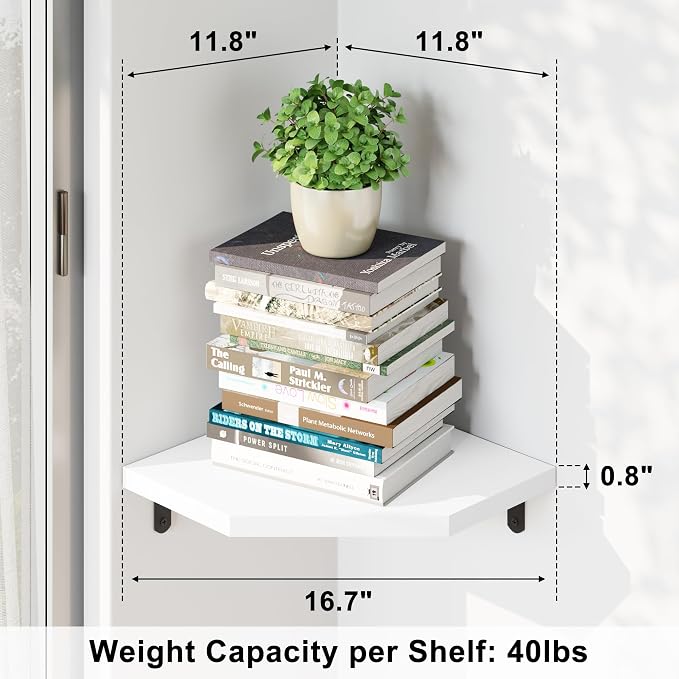 Alsonerbay Pine Wood Corner Shelves with Cable Cutout 3-Pack, White | Diamond-shaped, cable management, 40 lbs/shelf, 0.79" thick pine, L-shaped metal brackets, for router & media devices