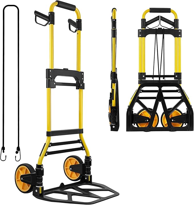 Folding Hand Truck and Dolly, 440lbs Capacity Portable Luggage Dolly Cart with Rubber Wheels and Retractable Handle, Aluminum Foldable Hand Cart for Transportation/Luggage/Mobile/Travel/Office Use