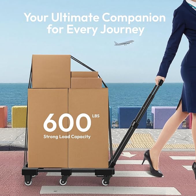 Voipvvii Folding Hand Truck 500lbs, Portable Heavy Duty Dolly Cart, 6 Wheels Collapsible Luggage Cart with 2 Elastic Ropes - Compact Trolley Cart for Easy Moving - Ideal Hand Cart for Travel and More