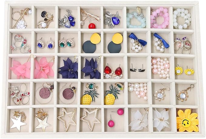 Stratalife 40 Grid Jewelry Organizer Tray, Stackable Drawer Earring Organizer with Adjustable Dividers, Jewelry Display Tray for Necklace Earring Ring Bracelet, 13.8" x 9.4" x 1.2", Beige