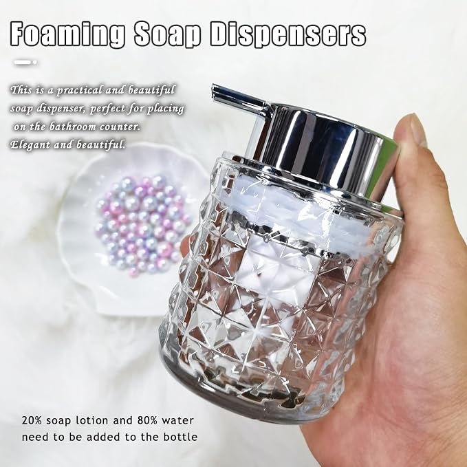 Glass Hand Foaming Soap Dispensers with Silver Pump Refillable Hand Soap Dispenser for Bathroom Kitchen (2Pack-D886+D887)