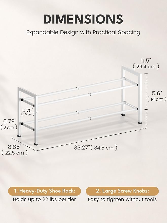 Bumusty 2-Tier Expandable Shoe Rack for Closet, 18“-33” Adjustable Shoe Rack for Small Space, Small Shoe Organizer for Front Door, Sturdy Metal, White