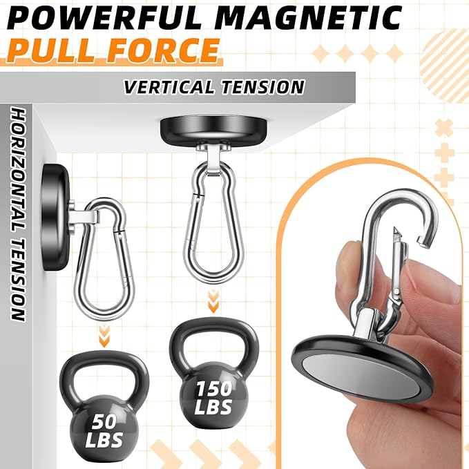 FINDMAG Heavy Duty Magnetic Hook, 150LBS+ Strong Black Magnetic Carabiner with Hooks, Neodymium Magnets Hooks for Hanging, Magnets with Swivel Carabiner Hook for Cruise Cabins, Home, Garage, 10 Pack