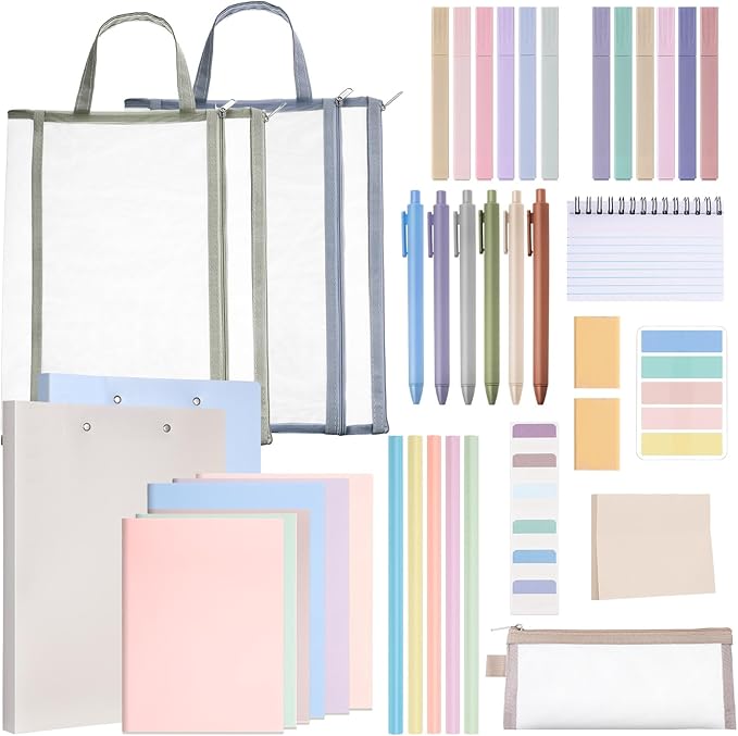 Colarr 54 Pcs Cute Notebook Stationery Set for Women, Bible Study Supplies, 6 Lined Notebooks, 36 Pens, Sticky Notes & Tabs, Bags & Folders for Work Journal Study College Office Supply(Morandi)