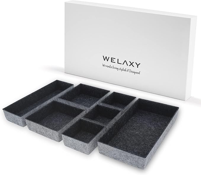 Welaxy Deluxe drawer organizers trays multi-purpose storage box junk bins for kitchen bedroom bathroom nightstand holder luxury 7-piece Style B (Charcoal)