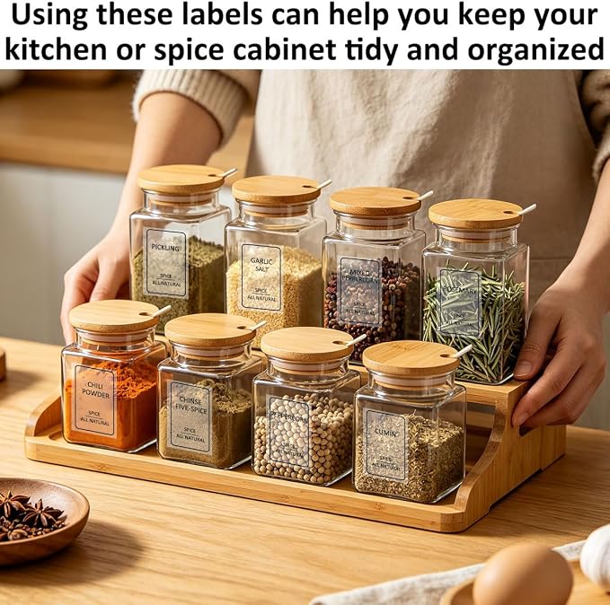 256 Spice Labels, Preprinted Minimalist Waterproof Stickers Removable Transparent Blank Label Expiration Date Labels Tear Resistant Sticker for Kitchen Jars Food Containers Spice Organizers Storage