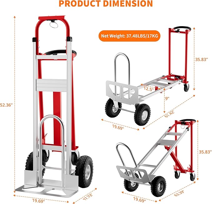 3-in-1 Convertible Hand Truck - 770 Lbs Heavy Duty Multi-Functional Aluminum Moving Dolly with Stair-Climbing Wheels - Folding Platform Cart & Utility Trolley for Home, Warehouse, Office