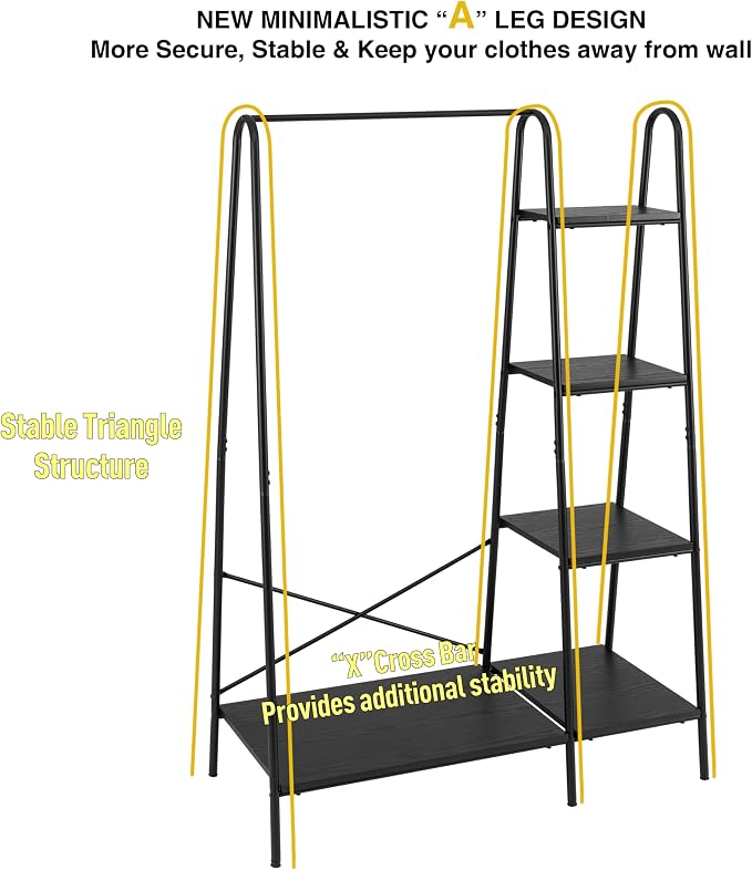 Finnhomy Rustic Clothes Rack, Clothing Rack for Hanging Clothes Heavy Duty Garment Rack with 5 Wood Shelves Freestanding Portable Closet Organizer for Bedroom/Entryway/Boutiques，Matte Black