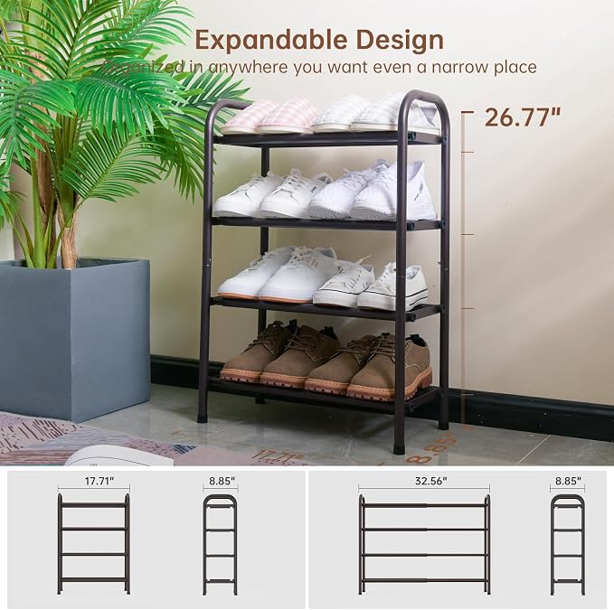 Gonfoam Expandable 4-Tier Shoe Rack for Closet and Entryway, Bronze | Tool-Free Assembly, Metal Material, Adjustable Shoe Organizer, Sturdy, Small Space Solution, Dorms, Garages, Apartments.