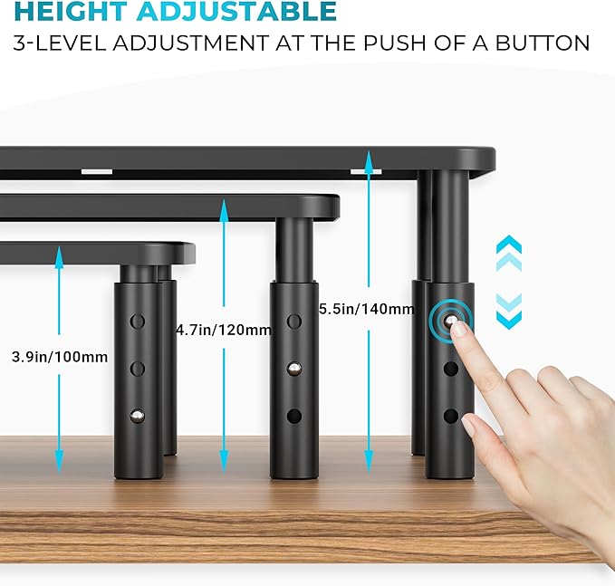 BONTEC Monitor Stand for Desk 1 Pack, 3-Level Height Adjustable | 14.5 x 9.1 in Ergonomic Metal Computer Stand with Pen Holder & Cable Management for Printer, Laptop and Office Workstation