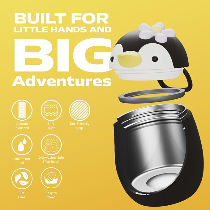 asobu Bestie Foodie Kids Insulated Food Jar – Cute Character Lunch Container for Children, BPA-Free Stainless Steel, Leakproof & Vacuum Sealed, Keeps Food Hot or Cold, Easy to Clean, 16oz