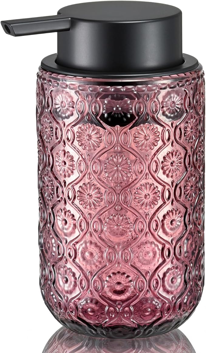 Pink Glass Liquid Hand Soap Dispenser with Matte Black Pump Thick Embossed Bottle Refillable for Bathroom and Kitchen Decor 13.5 oz
