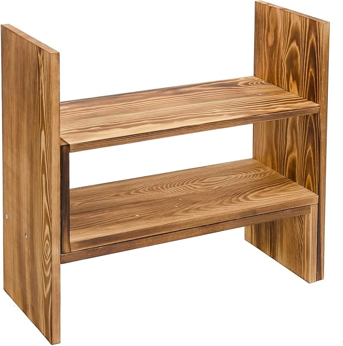 Adjustable Extendable Natural Wood Desktop Organizer Caddy Desk Organizer Countertop Shelf Bookcase Display Stand Rack Expandable Storage Office Home (Dark Brown)