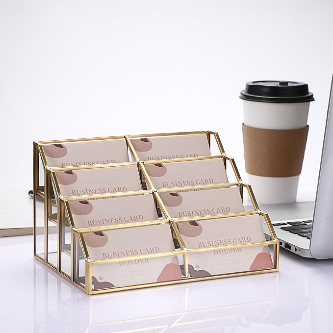 Hipiwe Mirrored Glass Business Card Holder Gold Business Card Display Stand for Desk Multiple Clear Business Card Holder Display for Office Desktop Cards Display Stand for Women Men, 8 Slots