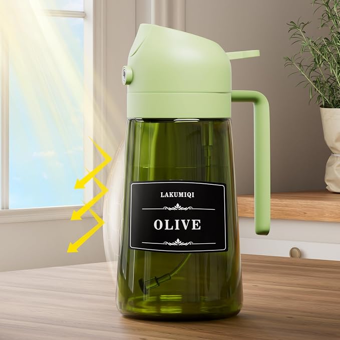 Oliver Oil Sprayer Dispenser for Cooking Bottle 16oz Green Glass Green | 2-in-1 Lightproof Borosilicate Glass Oil Bottle, Wide Mouth for Easy Refill Clean