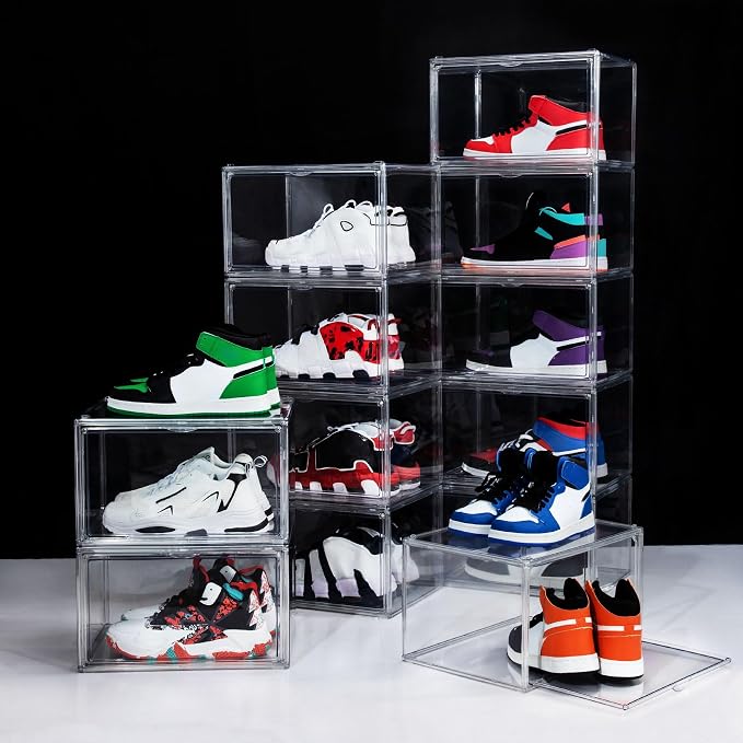 12 Pack Shoe Boxes, Clear Acrylic Stackable Plastic Sneaker Box Container, Magnetic Drop & Side Open Shoe Organizer Case Container With Lids Fits Up to Size 14 (Clear)