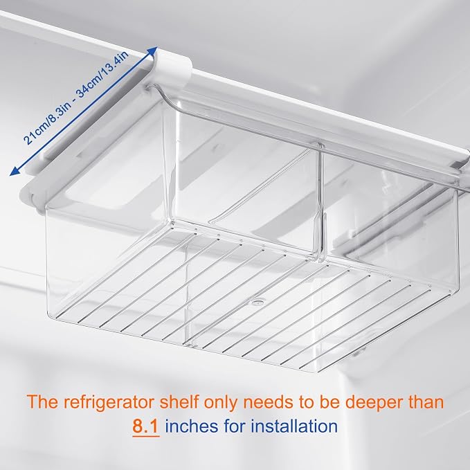 Pull-Out Fridge Drawer Organizer - Under Shelf Storage Bins for Cheese Slices, Deli Meat & Small Items - Space Saving Refrigerator Organizer (2" Height x 8.66" Width)
