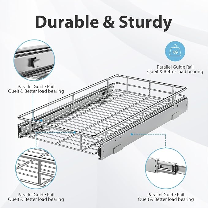 ZOINLIY Pull Out Cabinet Organizer, Versatile Slide Out Kitchen Organizers and Storage,Heavy Duty Drawer Cupboard Storage Basket, Smooth Sliding, Chrome Finish,11.8" W x 21" D