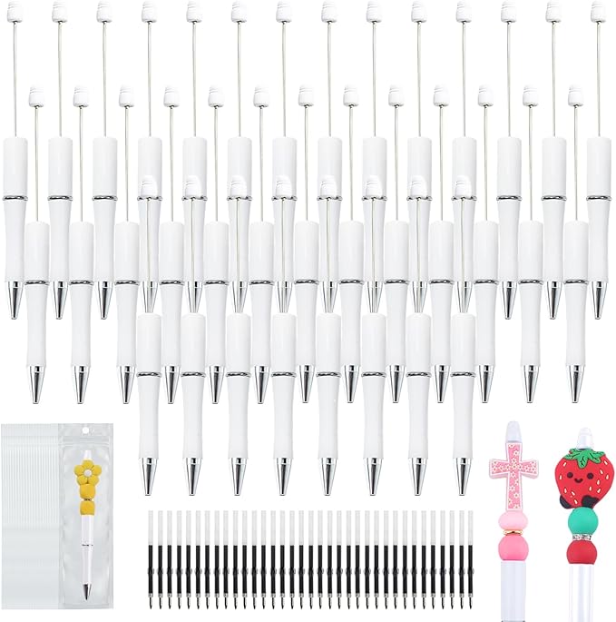 105 Pcs Beadable Pens Bulk Kit, 35 Plastic Ballpoint Pens for Beads with Refills & Bags, DIY Pen Making Kit for Office and School, Craft Gifts for Students & Teachers, Beads Pen Supplies (White)