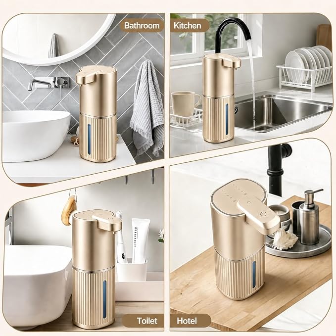 Automatic Soap Dispenser, Foaming Soap Dispenser Touchless with Continuous Dispensing, 4-Level Adjustable, Rechargeable Hand Soap Dispensers, Wall Mounted or Countertop for Bathroom & Kitchen