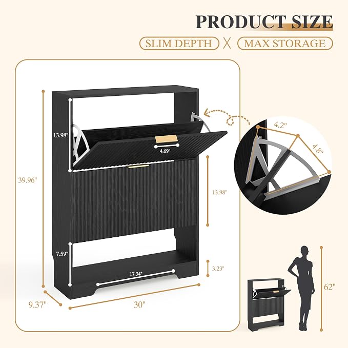 Garvee Shoe Storage Cabinet with 2 Flip Drawers,Slim Fluted Shoe Rack Cabinet with Open Storage,Wooden Hidden Shoe Rack Freestanding Narrow Shoes Organizer for Hallway, Entrance,Foyer,Black