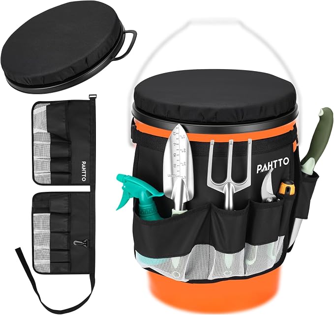 PAHTTO 5 Gallon Bucket Seat,Tool Organizer Bag & Bucket Seat Lid | Silent 360° Swivel Bucket Chair, for Camping, Fishing, Gardening, Yard Work, Hunting(Bucket and Tools Not Included)