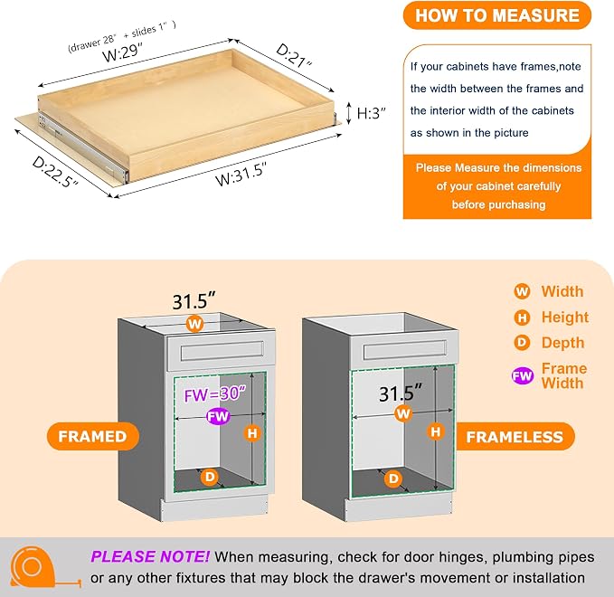 Pull Out Cabinet Organizer, 29" W x 21" D | Soft Close Pull Out Drawers for Cabinets with Heavy Duty Slides, Wood Slide Out Drawers for Kitchen Cabinets