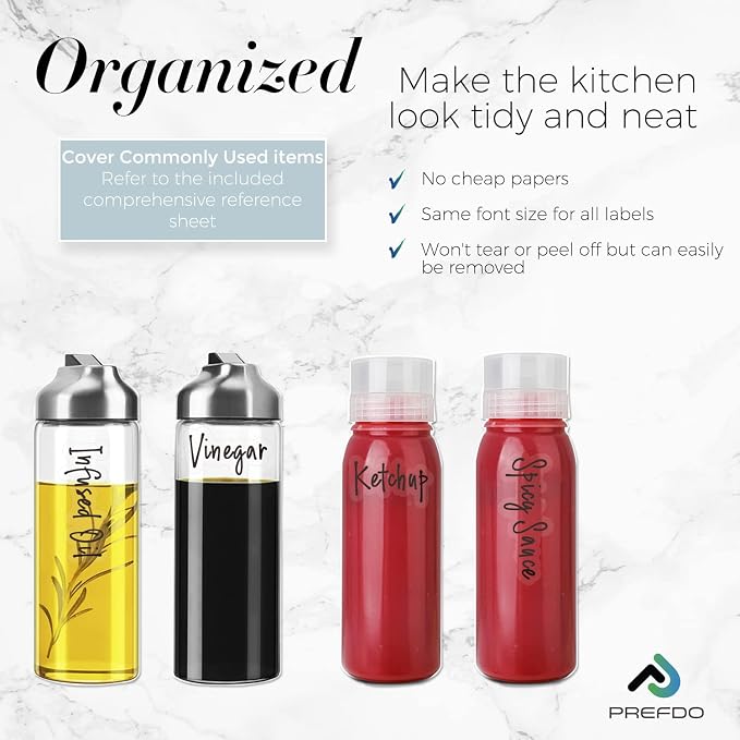 138 Oil and Vinegar Labels for Bottles, Black Script Clear Preprinted Condiments Stickers for Squeeze Dispensers Kitchen Pantry Organization, Waterproof & Oil-Proof