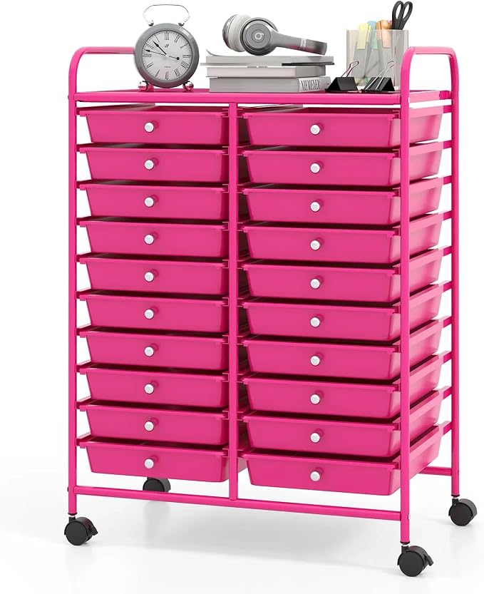 DREAMADE Rolling Cart with Storage Drawers, Utility Cart w/Removable Plastic Drawers, Lockable Wheels, Art Cart for Classroom Organization Art Supplies Office Scrapbook (20 Drawers, Hot Pink)