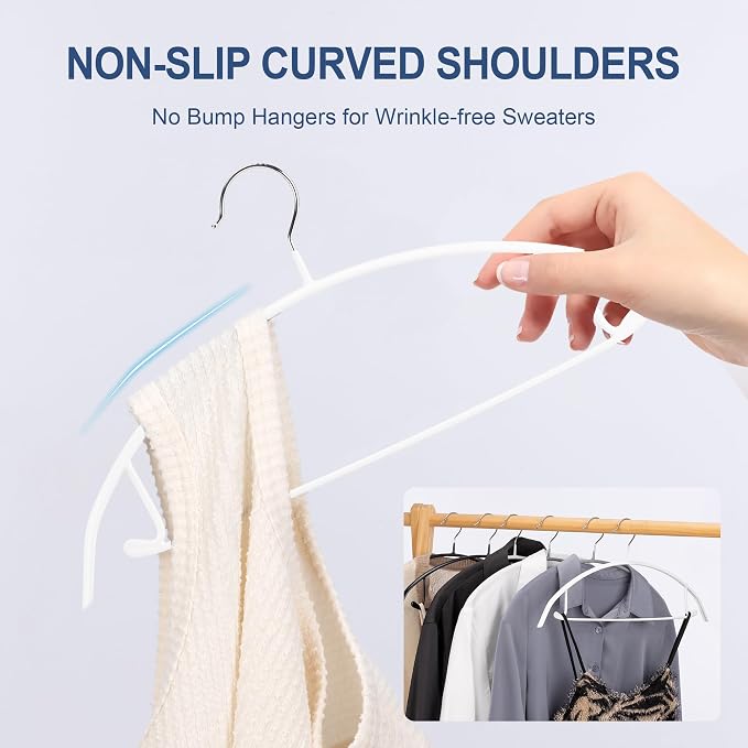 Sweater Hangers No Shoulder Bump, Non-Slip Rubber & Rust-Free Metal | Heavy Duty and Ergonomic Curved for Closet Clothes like Suits Coats Pants Dresses or Shirts, Set of 10, White Coated