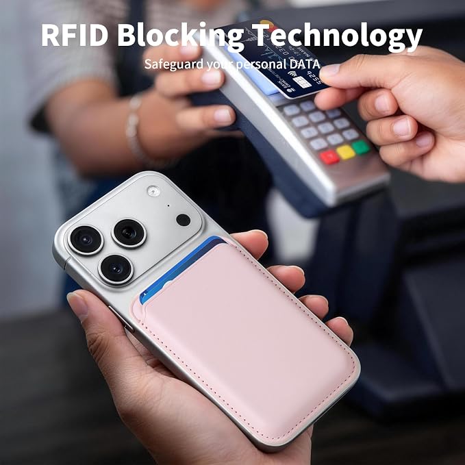 Magnetic Wallet Phone Card Holder for Phone Case with Mag-Safe, Stronger Magnetic RFID Leather Phone Wallet Stick on Series of iPhone 17/16/15/14/13/12 and Pro/Promax, Blush Pink
