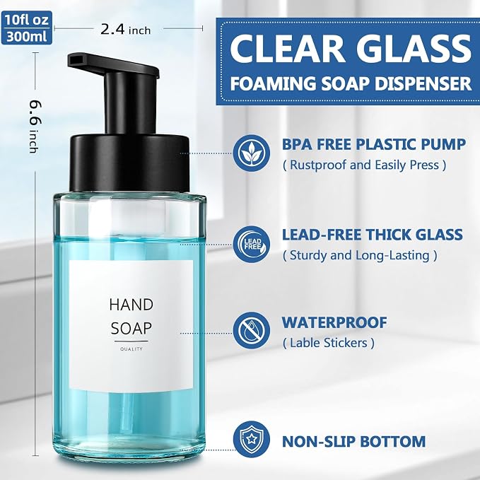 RYTOXILO Foaming Soap Dispenser, 10 oz/300ml Foaming Hand Soap Dispenser, 3 Pack Glass Foaming Soap Dispenser for Bathroom & Kitchen, Clear Refillable Foam Soap Dispenser Bottle with Waterproof Labels