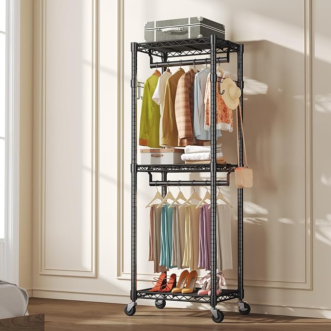 OLIXIS Rolling Clothes Rack, Heavy Duty Garment Rack, 23 IN, Metal Black | Adjustable Closet Organizer for Hanging Clothes, Portable Closet with 2 Side Hooks