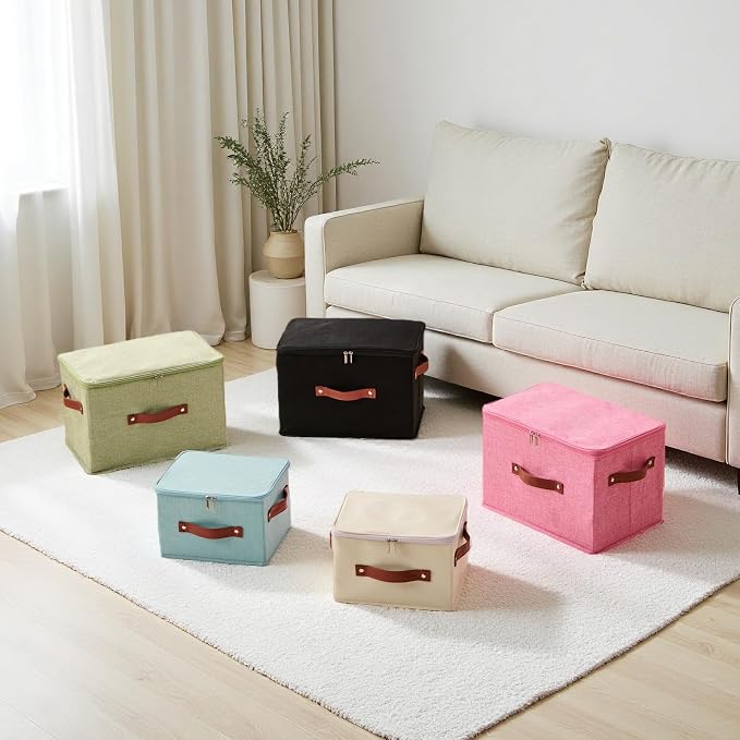 Storage Bin Box with Zippered Lid Cotton Linen Fabric Decorative Basket with PU Leather Handles PP Plastic Board Foldable Lidded Clothing Shelf Closet Organizer Container (Gray, Large)