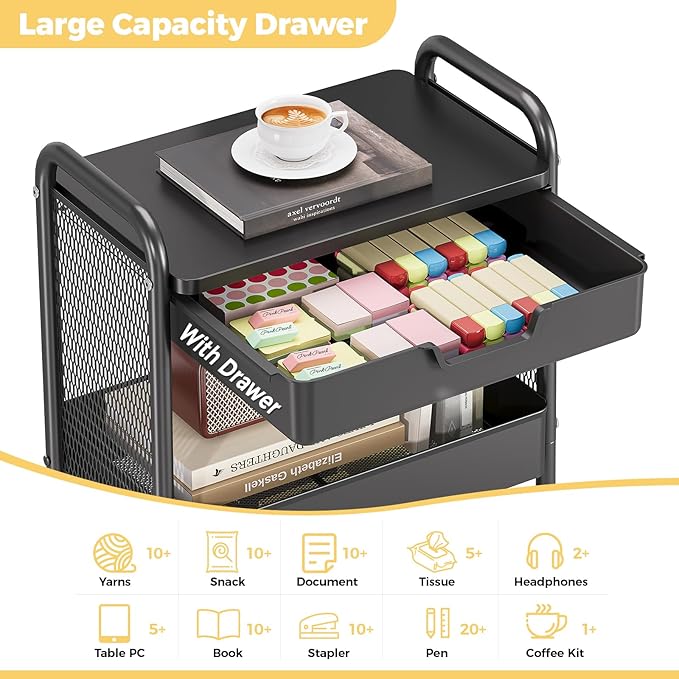 3 Tier Metal Rolling Utility Cart with Drawer & Pegboard - Multifunctional Storage Cart on Wheels with Tabletop, Hooks & Basket, Sturdy Craft & Art Cart for Bathroom, Bedroom, Children Room, Black