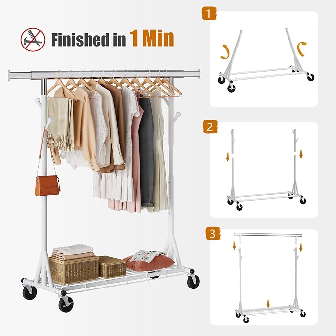 Gewudraw Clothes Rack Heavy Duty 530 LBS Capacity, Portable, Foldable,White | Rolling Clothing Rack With 4" Wheels,Shelf, Hooks, Adjustable, Collapsible, Garment Rack for Wardrobe,Bedroom, Laundry Room