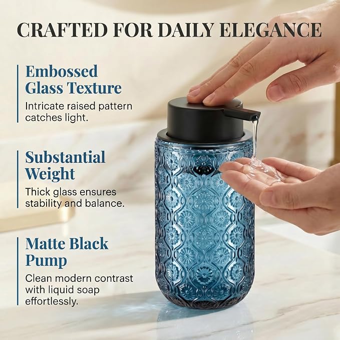 Blue Glass Liquid Hand Soap Dispenser with Matte Black Pump Thick Embossed Bottle Refillable for Bathroom and Kitchen Decor 13.5 oz
