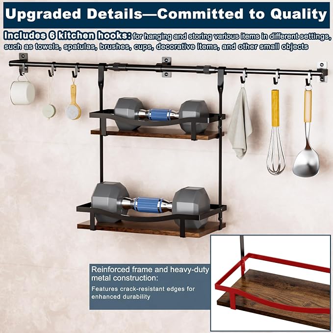 Upgraded Wooden Adjustable Wall-Mounted Condiment Rack,6 pack kitchen hooks,heavy-duty kitchen wall shelf, suitable for use as an over-the-stove shelf, coffee shelf, or shower wall caddy.