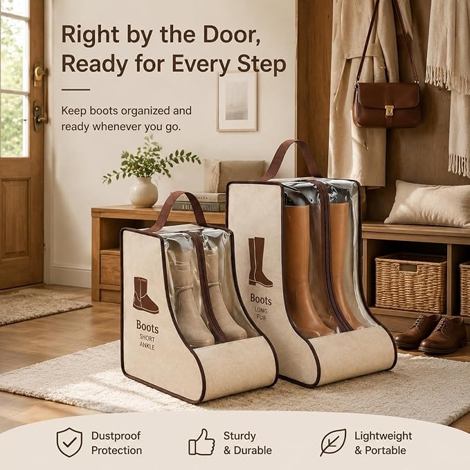 Boot Storage Bag Organizer,Dustproof Boot Bags for Cowboy Boots,Portable Travel Shoe Protector Bags,Tall Boot Covers Storage Organizer for Packing (2 Short + 2 Long Beige Widened)