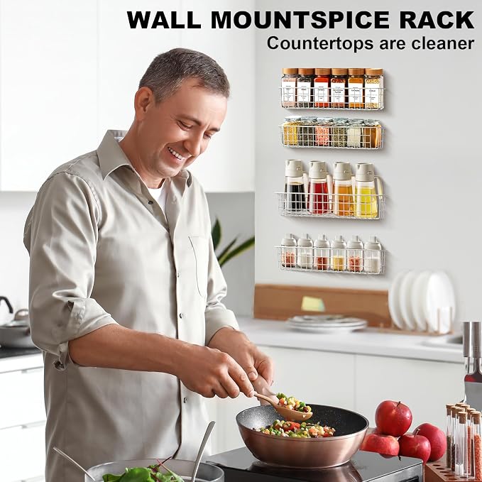 Spice Rack Organizer Wall Mount, 4 Pack White Storage Basket for Kithceh Seasoning Organizer Spice Organization for Kitchen and RV