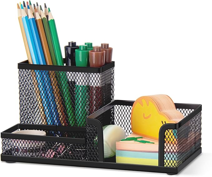 Comix Mesh Pen Pencil Holder Desk Organizer, 3 Compartment Wire Desktop Pen Pencil Cup Caddy Office Supplies Sticky Notes Holder for Home Office School, Black