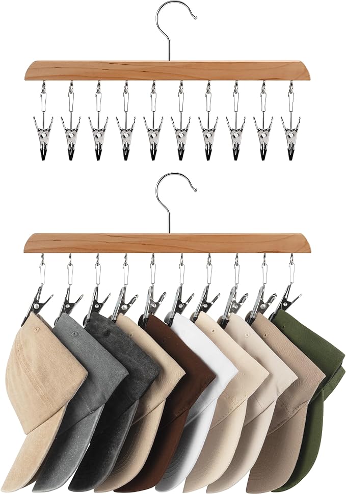StorageWorks Hat Organizer 2 Pack, Wood Color Cap Hanger Rack with 10 Clips