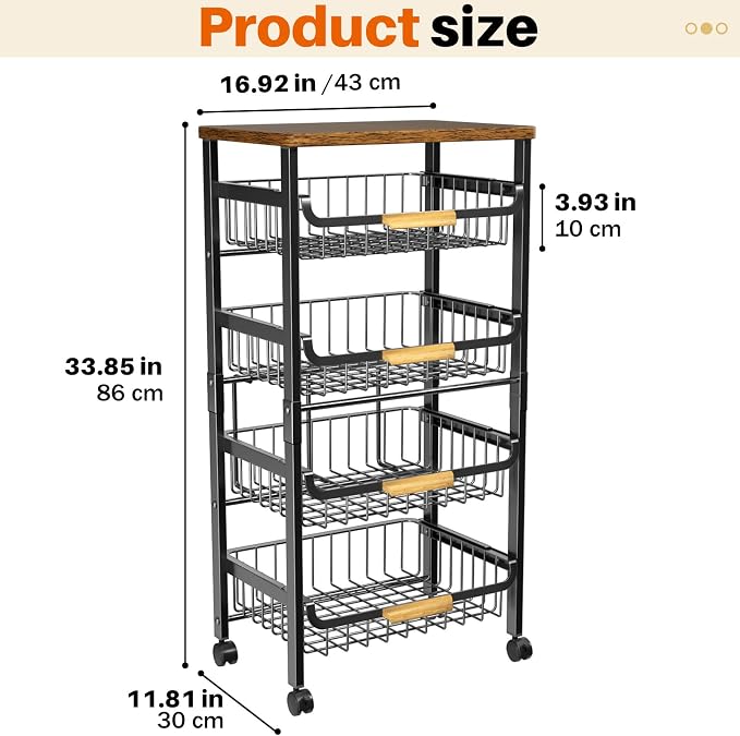 Storico 5-Tier Rolling Utility Cart Kitchen Storage Cart | Large capacity, sturdy wheels, wooden tabletop, mesh baskets, perfect for kitchen, bathroom, laundry room.