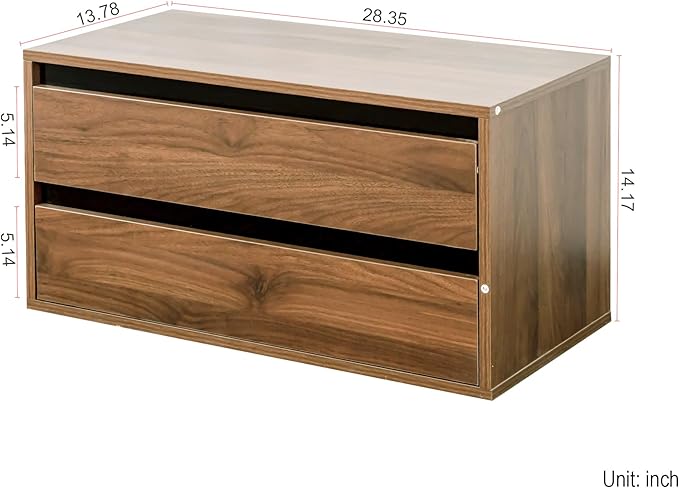 roomfitters Stackable Mounted Storage Cabinet with 2 Drawers, Wooden Organizer Shelf for Living Room, Bedroom, or Office, Walnut